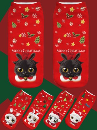 Red Cotton Black Cat Pattern Socks Christmas Holiday Party Accessories Matching VT96