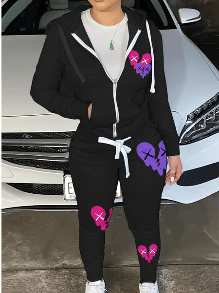 Hooded Collar Broken Heart Print Tracksuit Set AT9050