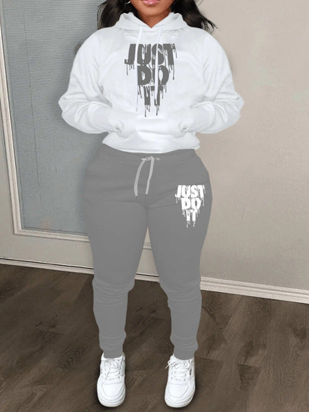 Plus Size Just Do It Letter Print Kangaroo Pocket Tracksuit Set AR802