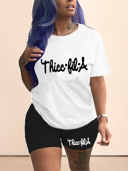 Plus Size Round Neck Letter Print Shorts Set AR50133