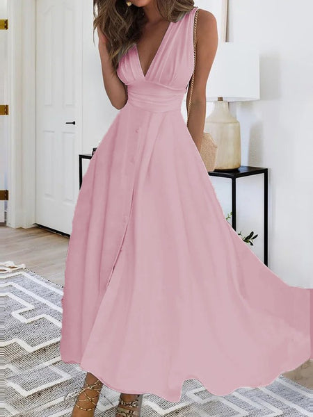 Robe élégante unie ample à col en V F4067