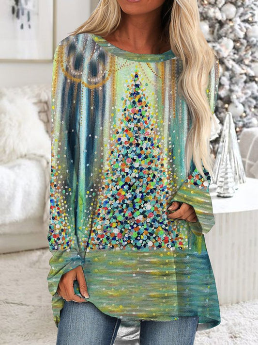 Women's Gradient Long Sleeve Tunic Tops Christmas Tree Printed PJ21 - Furdela