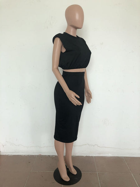 Casual Sleeveless Shoulder Pad T-shirt Tight Skirt 2 Piece Set F2941 - Furdela Wholesale