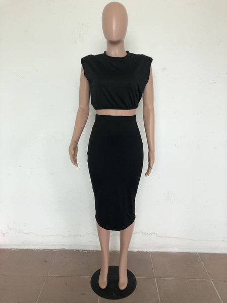 Casual Sleeveless Shoulder Pad T-shirt Tight Skirt 2 Piece Set F2941 - Furdela Wholesale