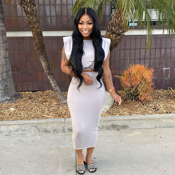 Casual Sleeveless Shoulder Pad T-shirt Tight Skirt 2 Piece Set F2941 - Furdela Wholesale