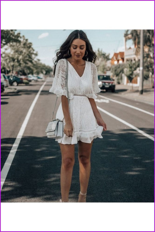 Casual V-Neck Lace Pure Color Half Sleeve Dress - Furdela