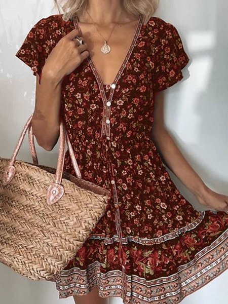 V Neck Casual Floral Weaving Dress  WF79