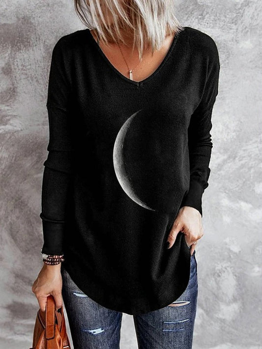 Moon Printed V Neck Casual Long Sleeve Shift Top  QH117