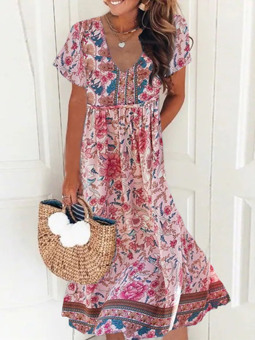 Women&#x27;s Vacation Casual Floral Short Sleeve V Neck Printed Dress MMr29