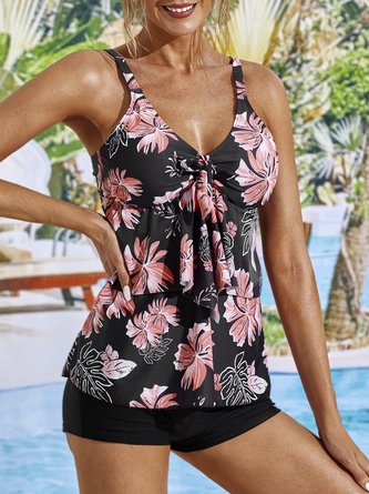 Vacation Floral Printing V Neck Tankinis Two-Piece Set QAP18