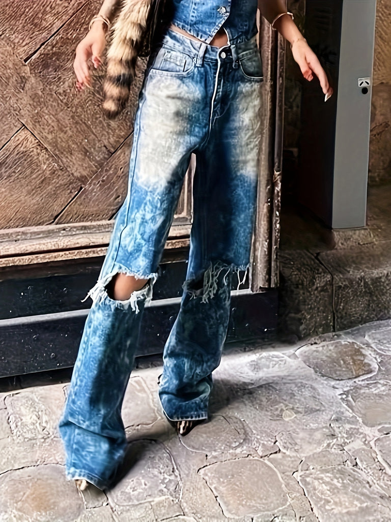 High Waist Slant Pockets Distressed Chic Denim Pants YH1789 bronxriverempiregardens