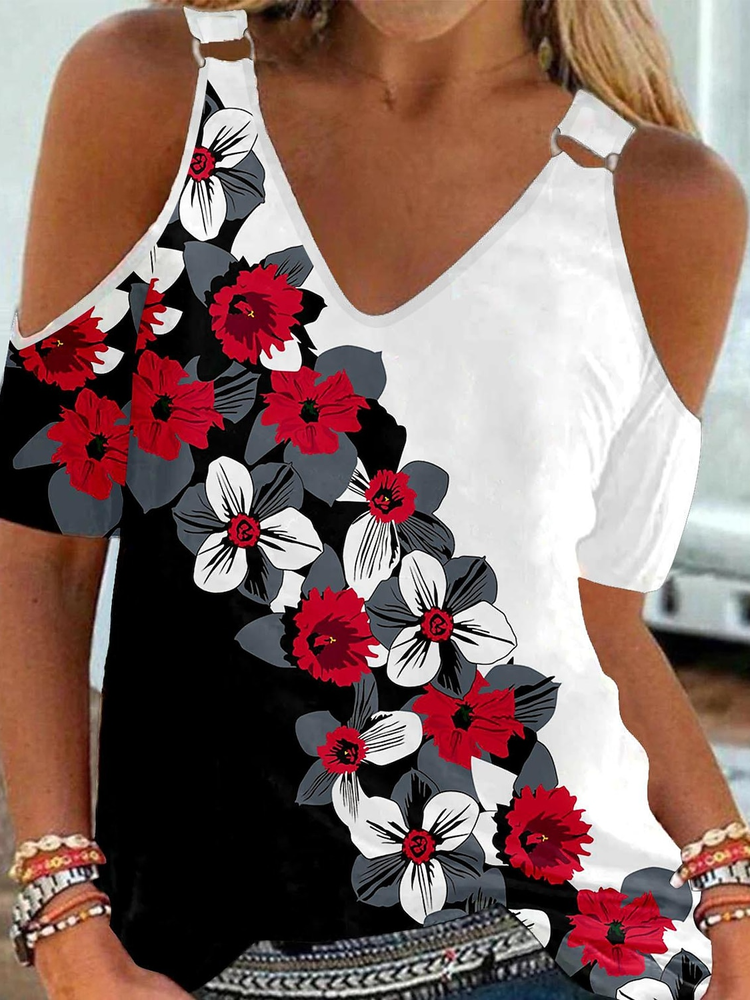 V Neck Loose Floral Casual T-Shirt  WW82