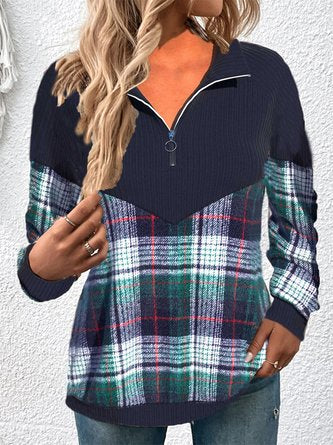 Zipper Turtleneck Casual Plaid Sweatshirt QAS60