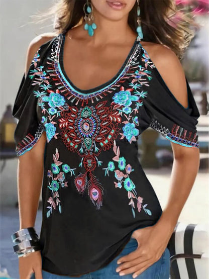 Boho V neck Printed Short Sleeve Short Sleeve T-shirt  QH114