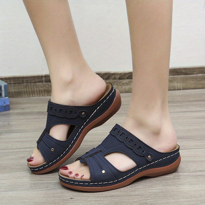 Women's Retro Low Wedge Slippers, Cut-out Open Toe Non Slip Arch Support Slides Shoes, Casual Outdoor Slippers SE1037