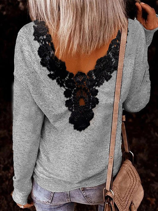 Lace Crew Neck Casual Top OU31