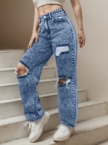 Ripped Holes Washed Straight Jeans TY6521 Furdela