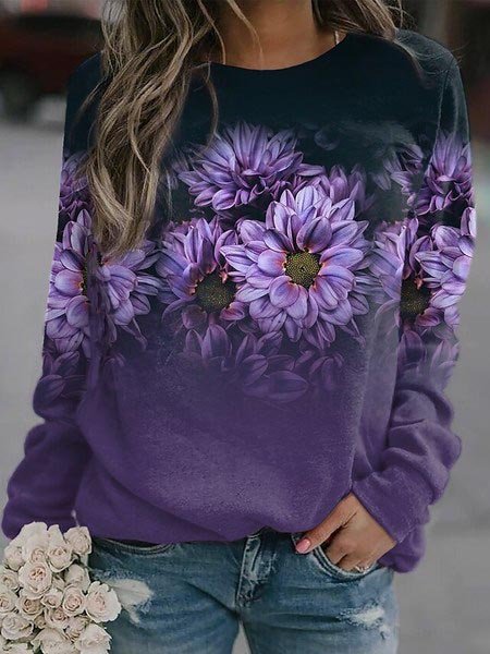 Loose Casual Crew Neck Floral Sweatshirt GA44