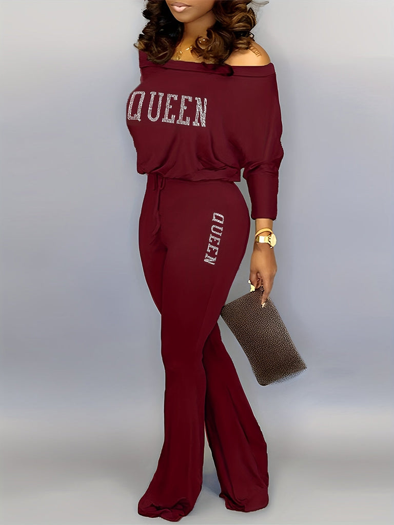 Solid Queen Print Off Shoulder Jumpsuit RE7125 Ada Fashion