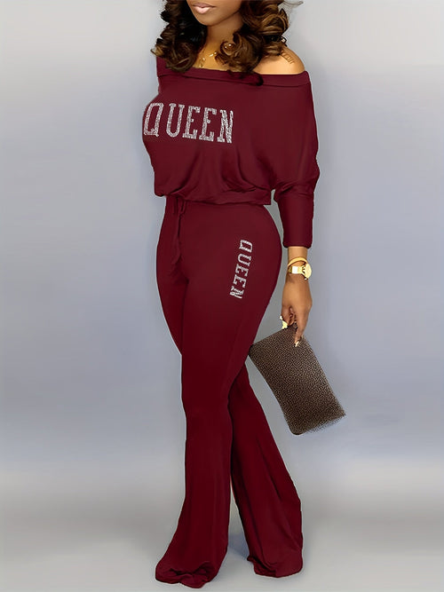 Solid Queen Print Off Shoulder Jumpsuit RE7125 Ada Fashion