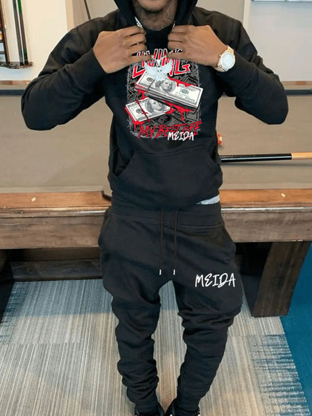 Men Money Letter Print Kangaroo Pocket Tracksuit Set AT9069