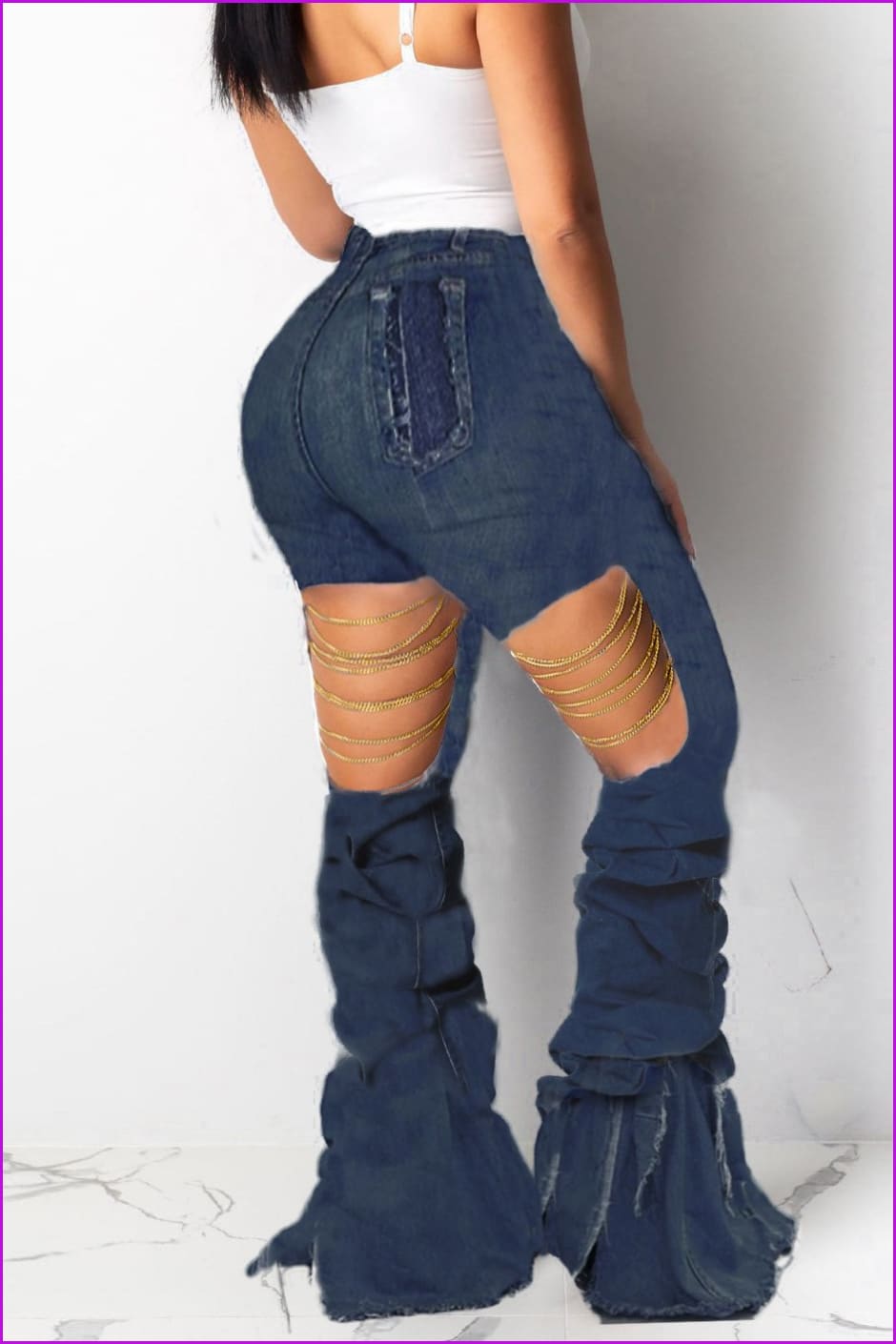 Chain Decorated Holes Pleated Women Flare JeansDE939 - Furdela