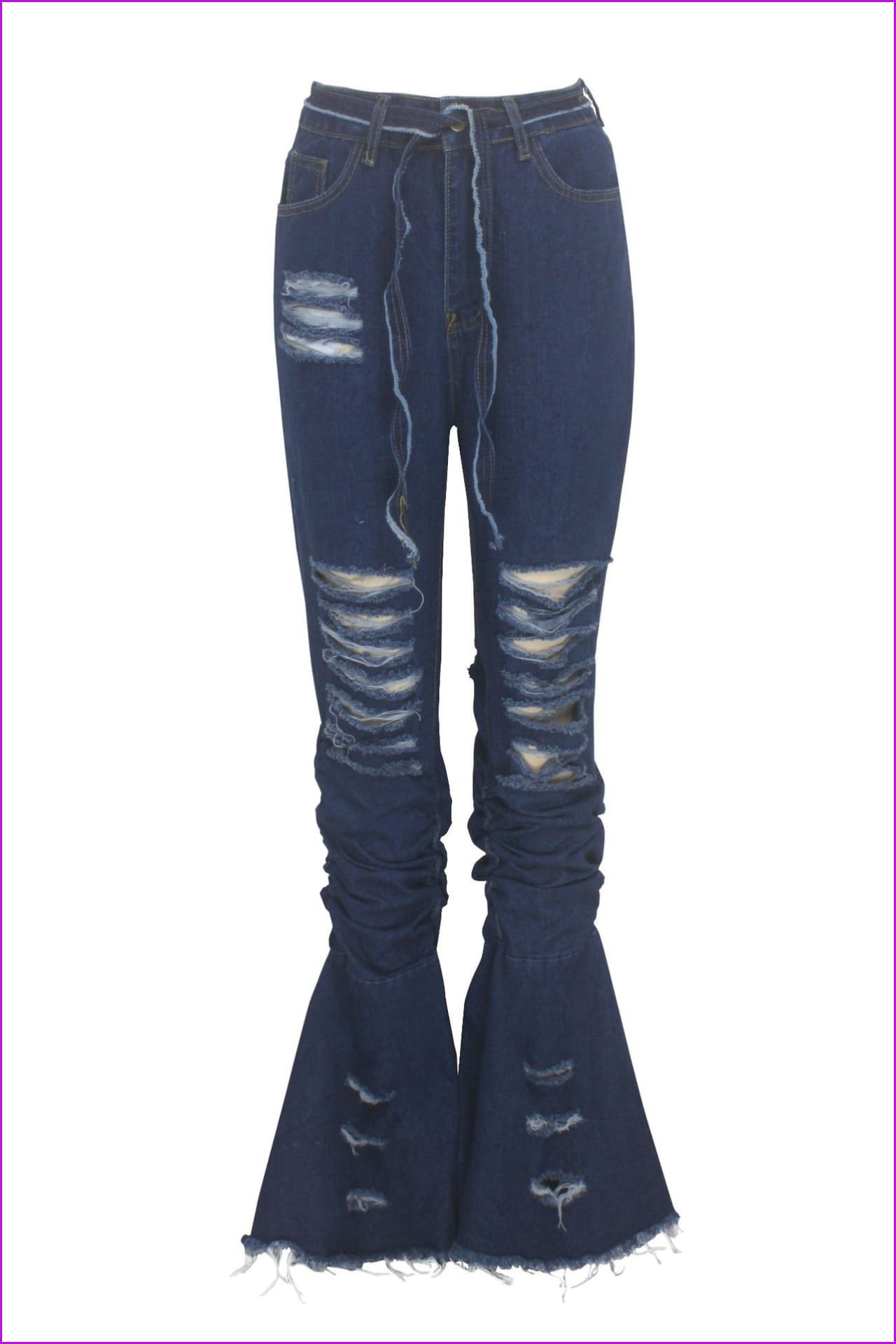 Chain Decorated Holes Pleated Women Flare JeansDE939 - Furdela