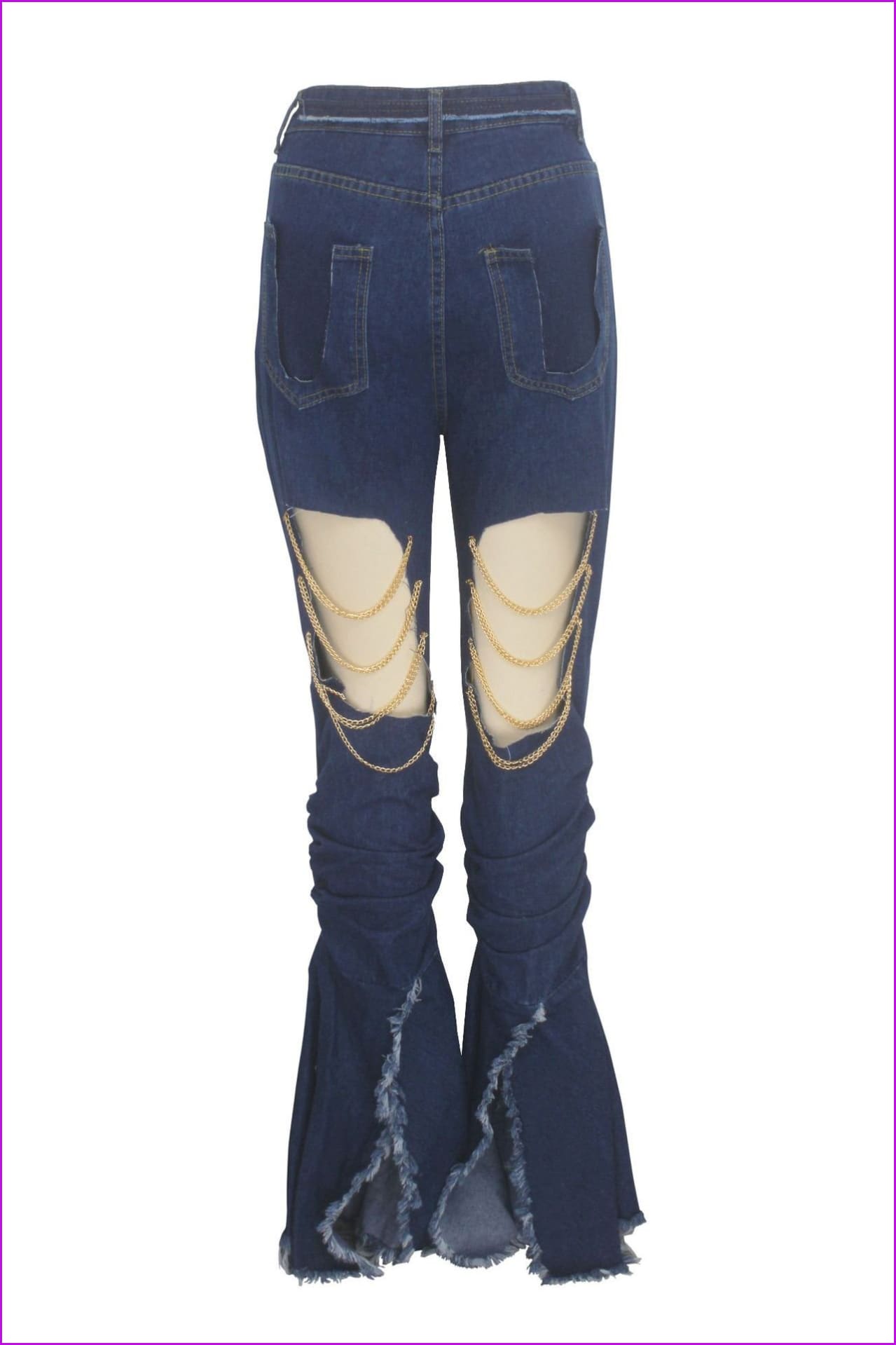 Chain Decorated Holes Pleated Women Flare JeansDE939 - Furdela