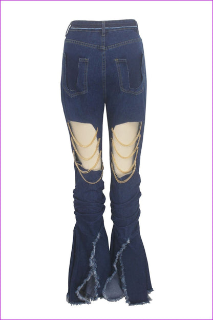 Chain Decorated Holes Pleated Women Flare JeansDE939 - Furdela