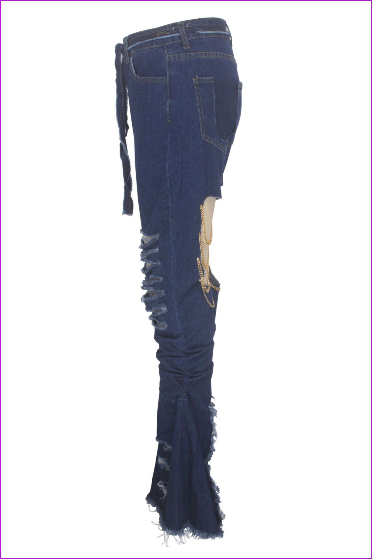 Chain Decorated Holes Pleated Women Flare JeansDE939 - Furdela