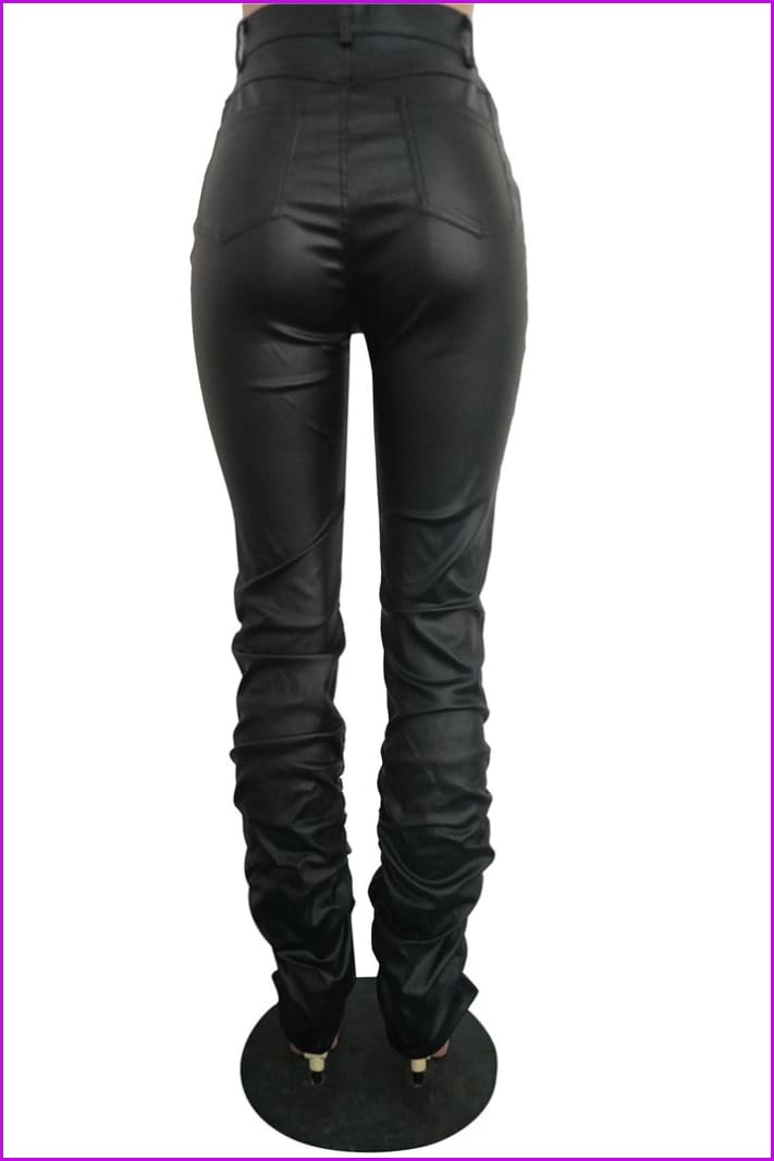 Classic Solid Stacked Leather PantsDE914 - Furdela