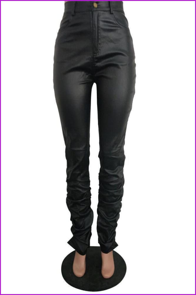 Classic Solid Stacked Leather PantsDE914 - Furdela