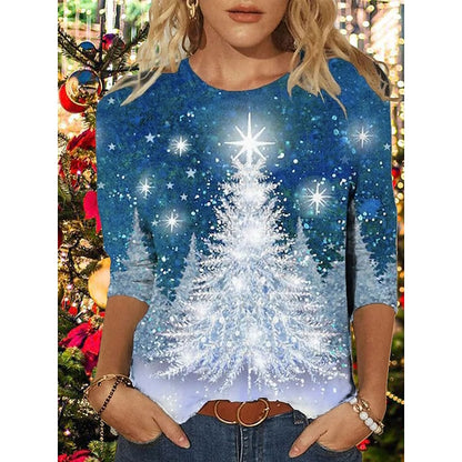 Women's T shirt Tee Green Black Blue Christmas Tree Print Long Sleeve Christmas Weekend Basic Round Neck Regular Floral Painting S PC105