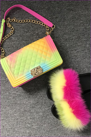 Colorful #A Pink Yellow Green Jelly Shoulder Bag And Slides Set - Furdela