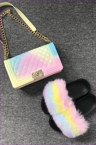 Colorful #C Pink Yellow Blue Purple Jelly Shoulder Bag And Slides Set - Furdela