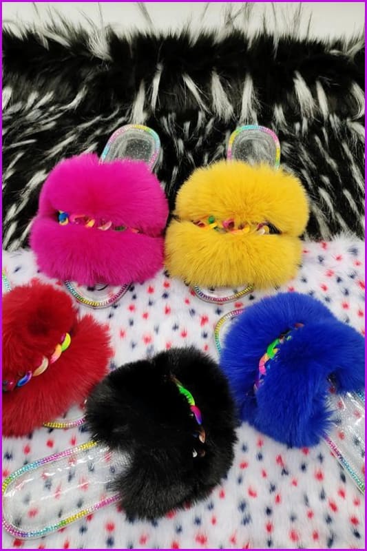 Colorful Chain Crystal Plush Furry Fur Slides F1900 - Furdela