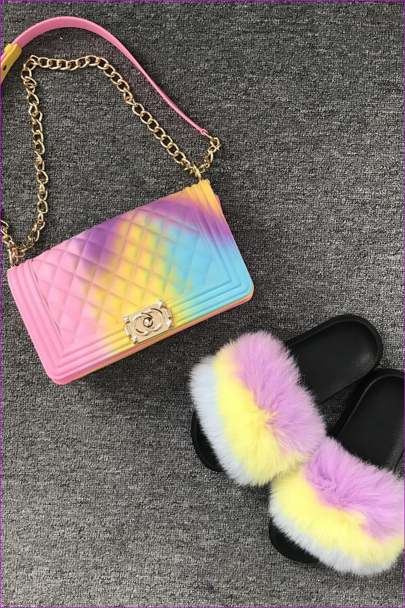 Colorful #D Purple Yellow Blue Jelly Shoulder Bag And Slides Set - Furdela