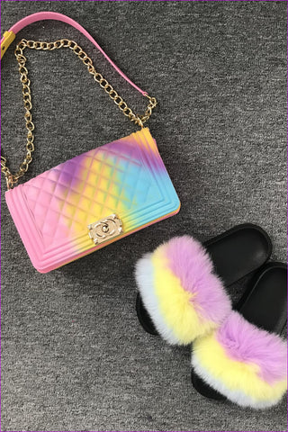Colorful #D Purple Yellow Blue Jelly Shoulder Bag And Slides Set - Furdela