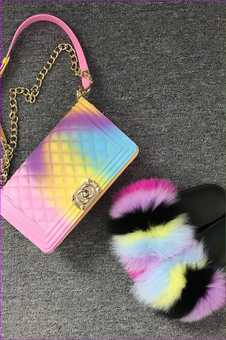 Colorful #D Purple Yellow Blue Jelly Shoulder Bag And Slides Set - Furdela