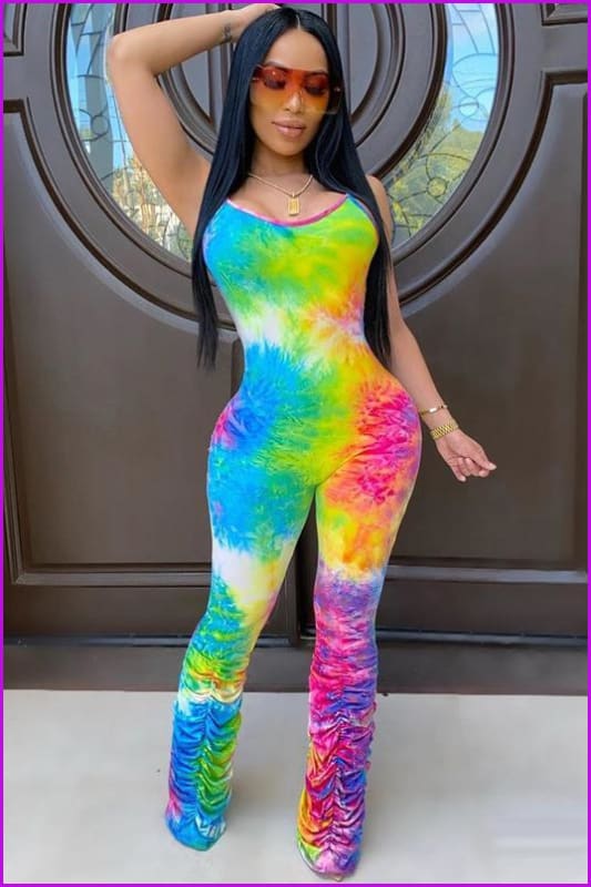 Colorful Dyeing Pleated Bottom Strap Skinny JumpsuitDE952 - Furdela