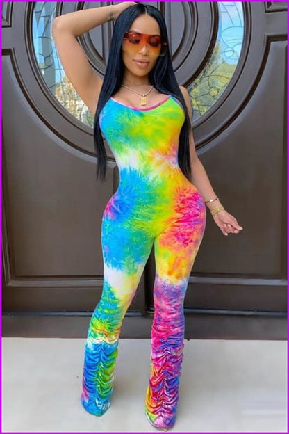 Colorful Dyeing Pleated Bottom Strap Skinny JumpsuitDE952 - Furdela