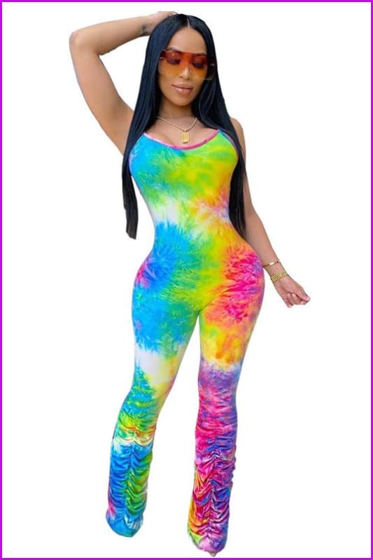 Colorful Dyeing Pleated Bottom Strap Skinny JumpsuitDE952 - Furdela