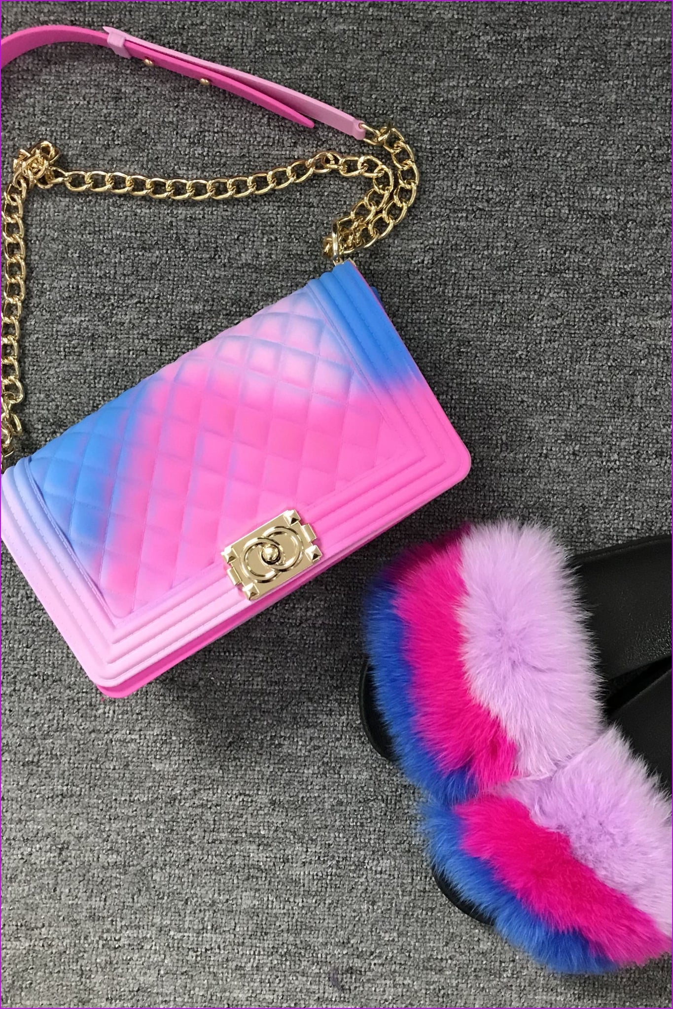 Colorful #E Pink Blue Purple Jelly Shoulder Bag And Slides Set - Furdela