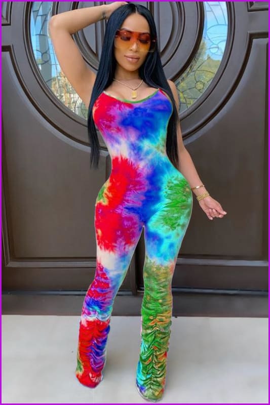 Colorful Tie Dye Ruched Bottom Sleeveless Jumpsuit F784 - Furdela