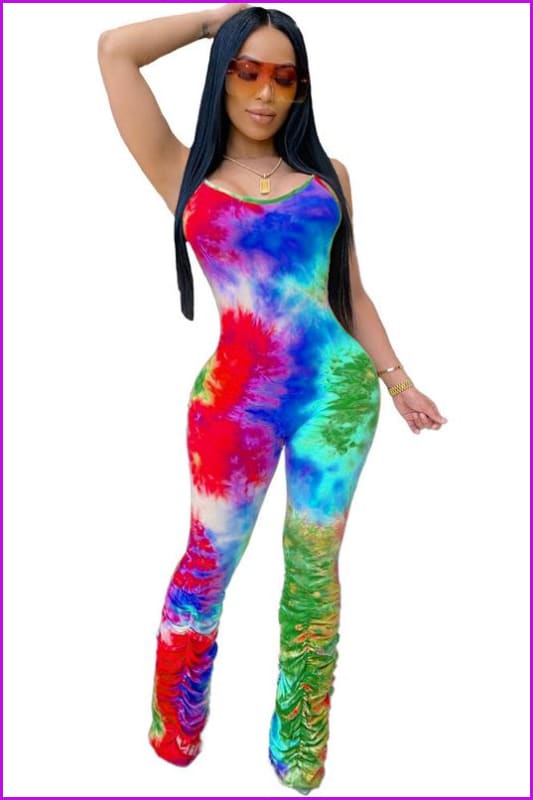 Colorful Tie Dye Ruched Bottom Sleeveless Jumpsuit F784 - Furdela