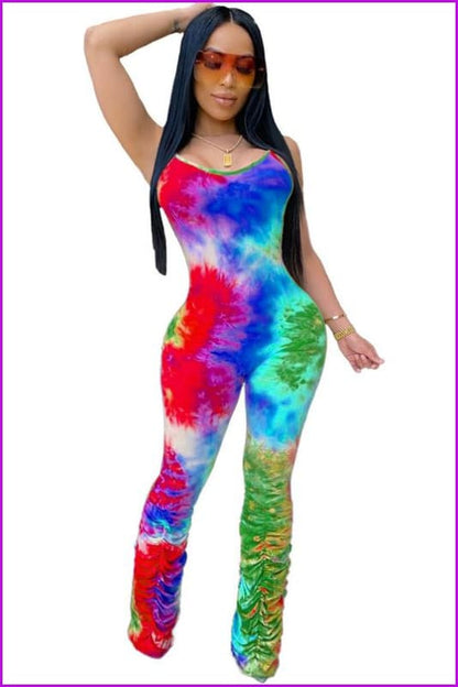 Colorful Tie Dye Ruched Bottom Sleeveless Jumpsuit F784 - Furdela