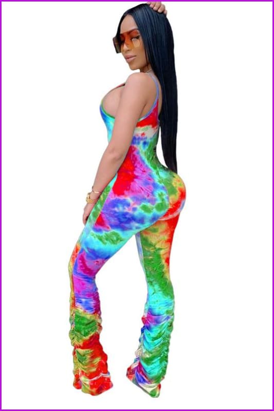 Colorful Tie Dye Ruched Bottom Sleeveless Jumpsuit F784 - Furdela