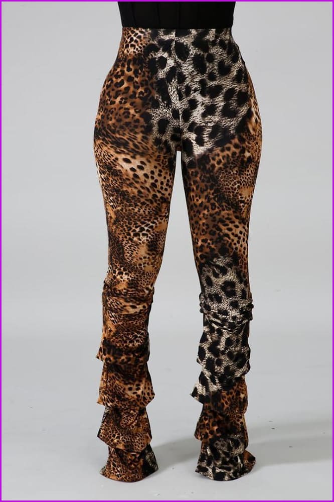 Contrast Color Leopard Print Ruched High Waisted Pants F837 - Furdela