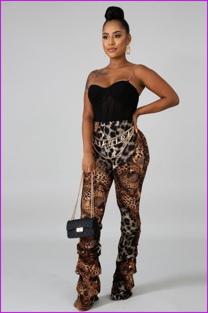 Contrast Color Leopard Print Ruched High Waisted Pants F837 - Furdela
