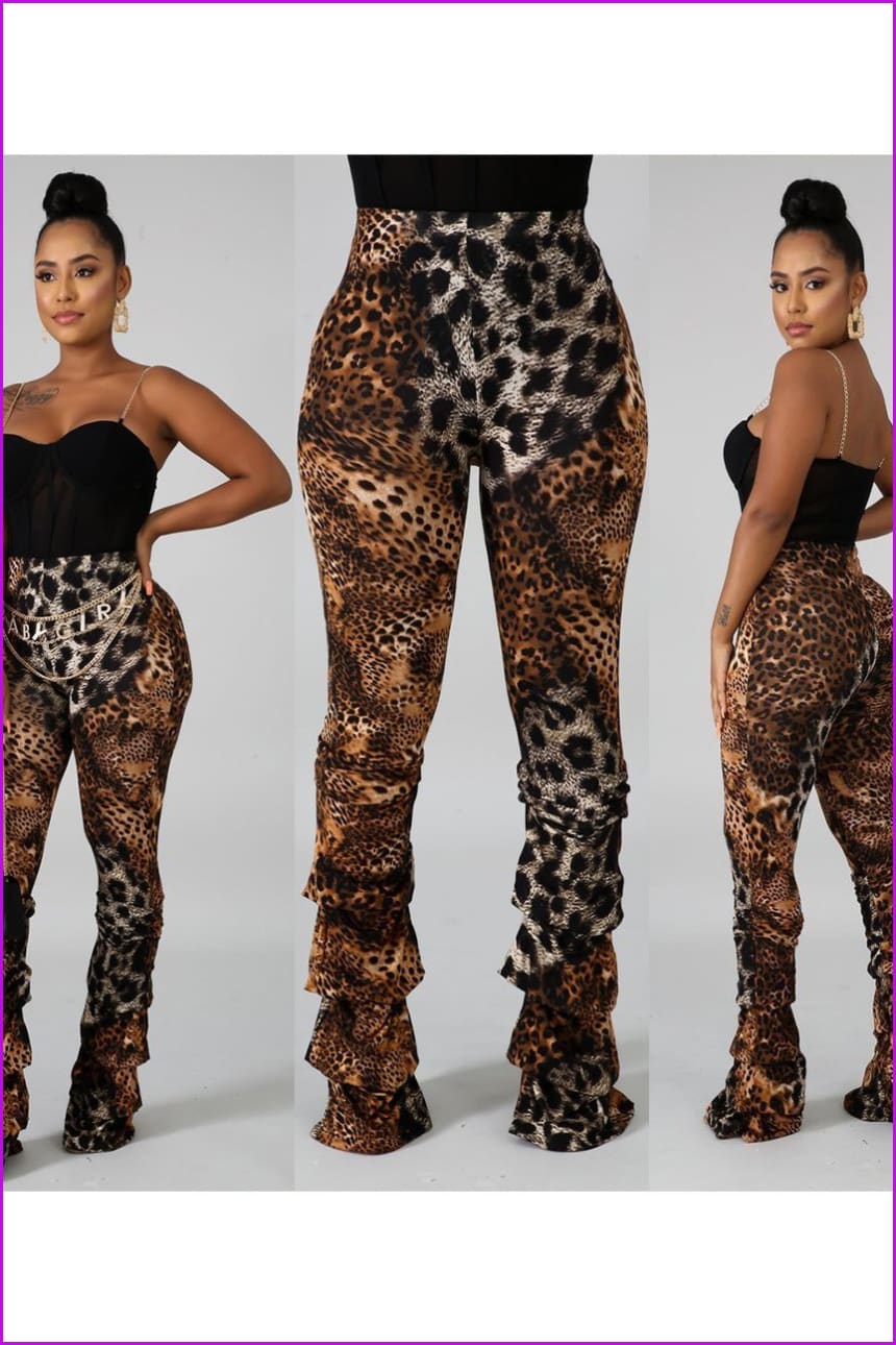 Contrast Color Leopard Print Ruched High Waisted Pants F837 - Furdela
